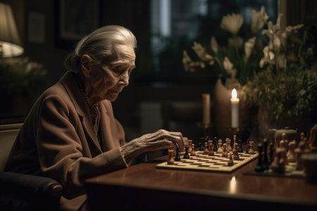 Female Caucasian elderly playing chess in living room activity. Generative AI AIG23.の素材
