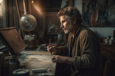 Male Caucasian middle aged painting art studio artist apron picture drawing. Generative AI AIG23.の素材