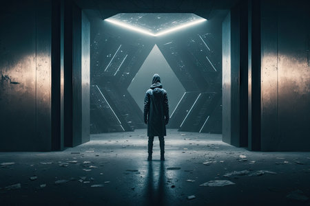 Hacker standing in futuristic concrete space ship interior . Glorious Generative AI.の素材