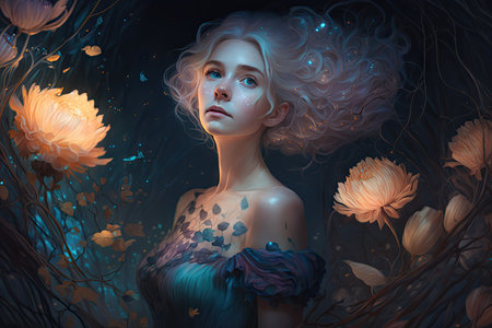 Cartoon princess real person wearing a gorgeous biolumines. Glorious Generative AI.の素材