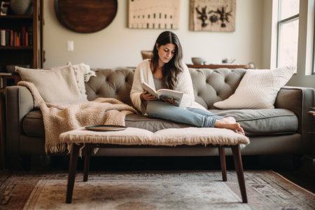 Female Middle Eastern 30s reading books in living room couch casual relaxing. Generative AI AIG23.の素材