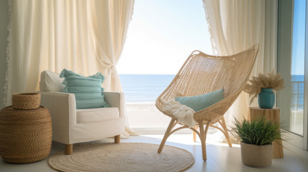 Bedroom decor, home interior design . Coastal Boho style with View decorated with Rattan and Linen material . Generative AI AIG26.の素材