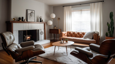 Living room decor, home interior design . Mid-Century Modern Scandinavian style with Fireplace decorated with Walnut Wood and Leather material . Generative AI AIG26.の素材