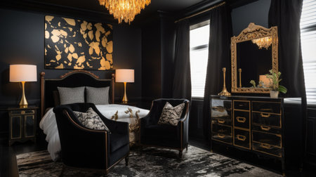 Bedroom decor, home interior design . Art Deco Glam style with Wallpaper decorated with Brass and Marble material . Generative AI AIG26.の素材