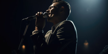 Male jazz singer sing jazz song on the stage at night in jazz club. distinct generative AI image.の素材