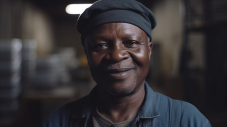 A smiling senior African male electronic factory worker standing in factory. Generative AI AIG19.の素材