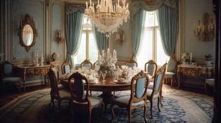Interior design inspiration of Traditional Classic style home dining room loveliness decorated with Wood and Silk material and Crystal Chandelier .Generative AI home interior design .の素材