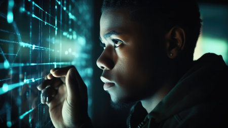 Young black male with wonder, curiosity, looking at holographic digital display, futuristic technology, innovation. Generative AI AIG20.の素材