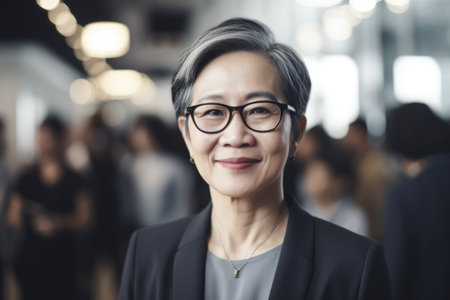 Mature smart asian businesswoman, smiling face, standing in blur background of busy office. Generative AI AIG20.の素材