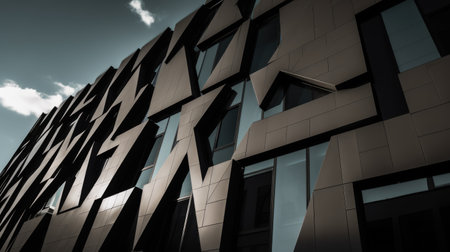 Low angle shot of a dark creative modern building with outstanding architectural twists. Generative AI AIG21.の素材