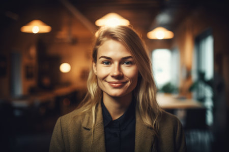 Young smart swedish businesswoman, smiling face, standing in blur background of creative colorful office interior design. Generative AI AIG20.の素材