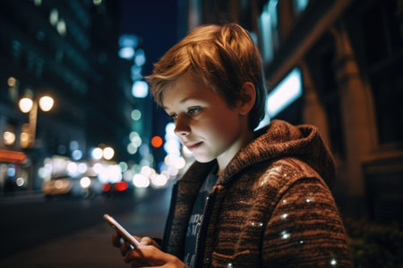Wide angle shot of a young caucasian 10-year-old little boy trendy clothes using mobile phone with background of urban city street at night. Generative AI AIG18.の素材