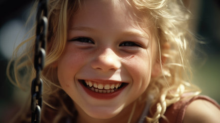 Close up smiling face, young blond girl playing on a swing, happiness, childhood, freedom, vitality, outdoor fun, carefree, sunlight. Generative AI AIG20.の素材
