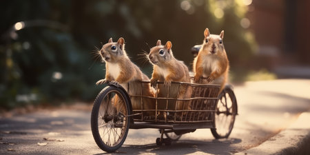 hamsters have fun bicycle ride on sunshine day in summer on town streetの素材
