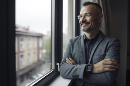 A smiling mature man with arms folded in suit near a window in an office. Generative AI AIG21.の素材