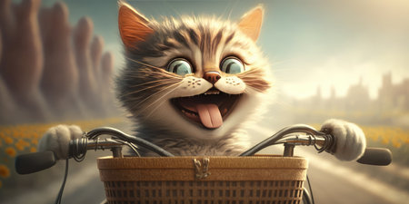 cat have fun bicycle ride on sunshine day in summer on town streetの素材