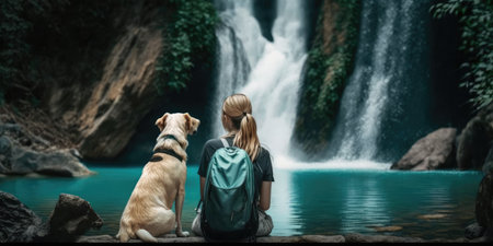 Active woman hiking to waterfall with labrador retriever dog. distinct generative AI image.の素材