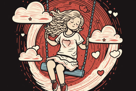 Cartoon graphic art style of little girl swinging with happiness. distinct generative AI image.の素材