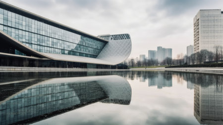 The exterior of a hall building reflected in a puddle with a backdrop of skyscrapers. Generative AI AIG21.の素材