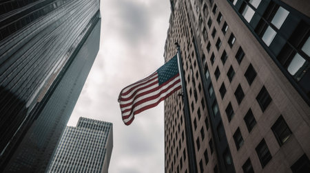 The USA flag on a flagpole near skyscrapers under a cloudy sky. Generative AI AIG21.の素材