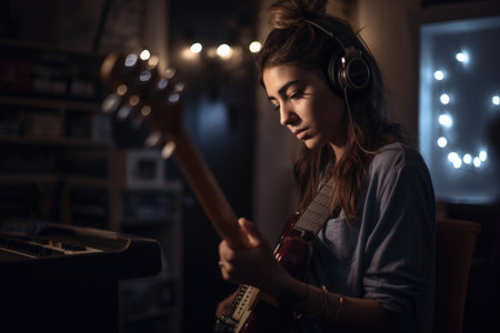 Female Middle Eastern teenager playing music in home studio sound. Generative AI AIG23.の素材