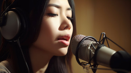 Pop Rock Singer Female Asian Young Adult Rehearsing and performing on stage, singing pop and rock songs in Rehearsal studio. Generative AI AIG22.の素材