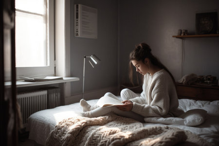 Female Caucasian teenager reading books in bedroom casual relaxing. Generative AI AIG23.の素材
