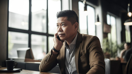 Entrepreneur Male Asian Middle-aged Conducting business call in Co-working space. Generative AI AIG22.の素材