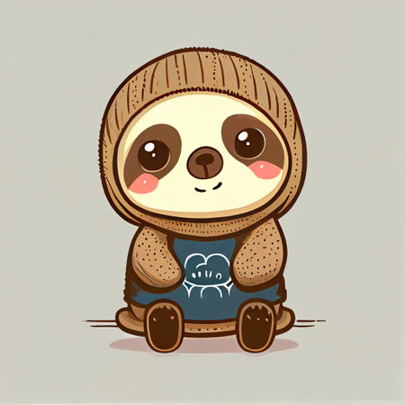 Cute sloth comic wearing a beanie with sweater and hut. Concept of wildlife profile with isolated background. Designed by hip hop costume. Glorious generative AI.の素材