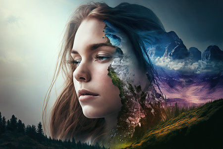 Abstract art of rainbow coloring in forest and beautiful facial woman with double exposure concept. Photo realism of nature overlapped with peaceful human. Glorious generative AI.の素材