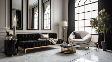 Living room decor, home interior design . Art Deco Contemporary style with Large Window decorated with Velvet and Marble material . Generative AI AIG26.の素材