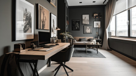 Interior design of Home Office in Contemporary style with Desk decorated with Glass, Metal, Wood material. Modern, Minimalist architecture. Generative AI AIG24.の素材