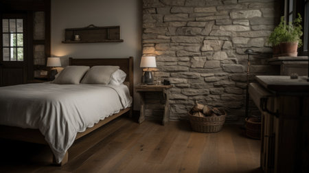 Bedroom decor, home interior design . Rustic Farmhouse style with Fireplace decorated with Wood and Stone material . Generative AI AIG26.の素材