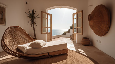 Bedroom decor, home interior design . Mediterranean Coastal style with Ocean View decorated with Terracotta and Wicker material . Generative AI AIG26.の素材