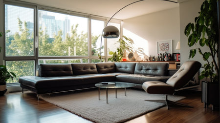 Living room decor, home interior design . Modern Minimalist style with Large Window decorated with Leather and Glass material . Generative AI AIG26.の素材