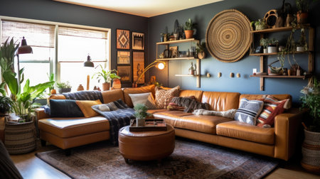 Living room decor, home interior design . Mid-Century Modern Bohemian style with Gallery Wall decorated with Leather and Velvet material . Generative AI AIG26.の素材