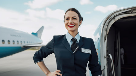 Smiling air hostess in blue suit standing in front of airplane entrance under blue sky. Generative AI AIG21.の素材