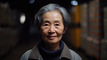A smiling senior Chinese female factory worker standing in warehouse. Generative AI AIG19.の素材