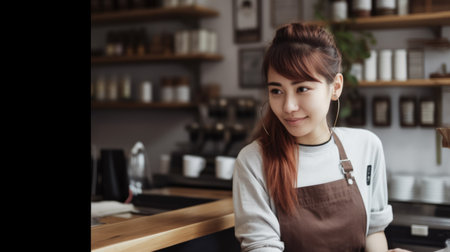 Smiling female barista wearing apron standing in counter of the coffee shop. Generative AI AIG21.の素材