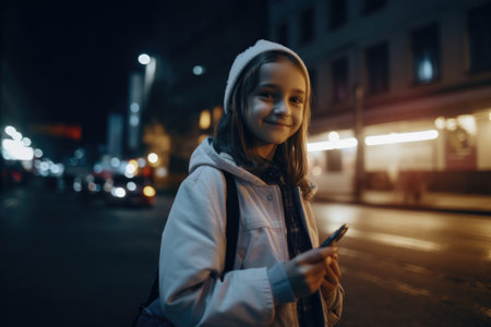 Wide angle shot of a young caucasian 10-year-old little girl trendy clothes using mobile phone with background of urban city street at night. Generative AI AIG18.の素材