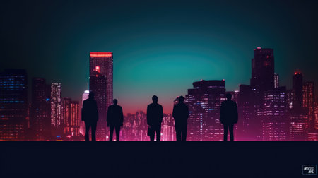 The silhouettes of business people in front of a cityscape at night time. Generative AI AIG21.の素材