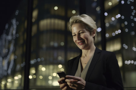 Wide angle shot of a senior caucasian businesswoman executive using mobile phone with background of modern office buildings at night. Generative AI AIG18.の素材