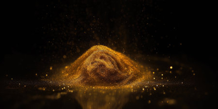 Dust powder of golden glitter on dark background. Generative AI AIG21.の素材