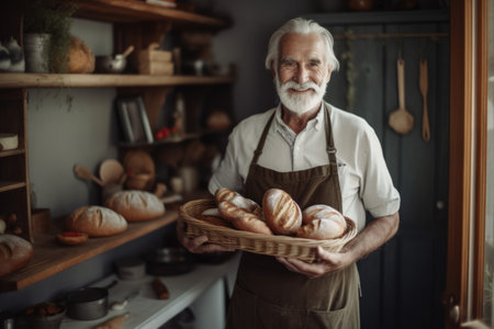 Smiling Swedish male senior baker standing in home kitchen holding bread in basket. Generative AI AIG21.の素材