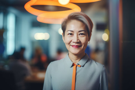 Mature smart asian businesswoman, smiling face, standing in blur background of creative colorful office interior design. Generative AI AIG20.の素材
