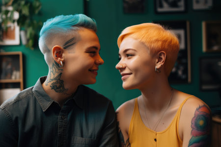 Happy young couple with tattoos and vivid colors short hair in an office. Generative AI AIG21.の素材