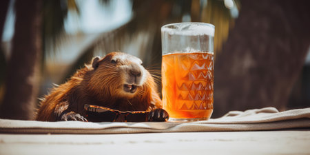 beaver is on summer vacation at seaside resort and relaxing on summer beachの素材