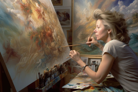 The woman doing paintings while looking at painting supplies. Generative AI AIG21.の素材