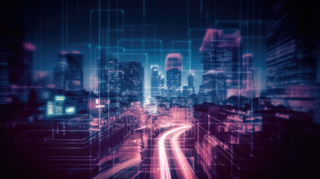 The view of abstract city with street light trails and pink neon light. Generative AI AIG21.の素材