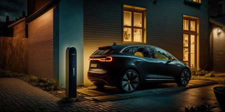 Electric car EV charging battery at charger station. distinct generative AI image.の素材